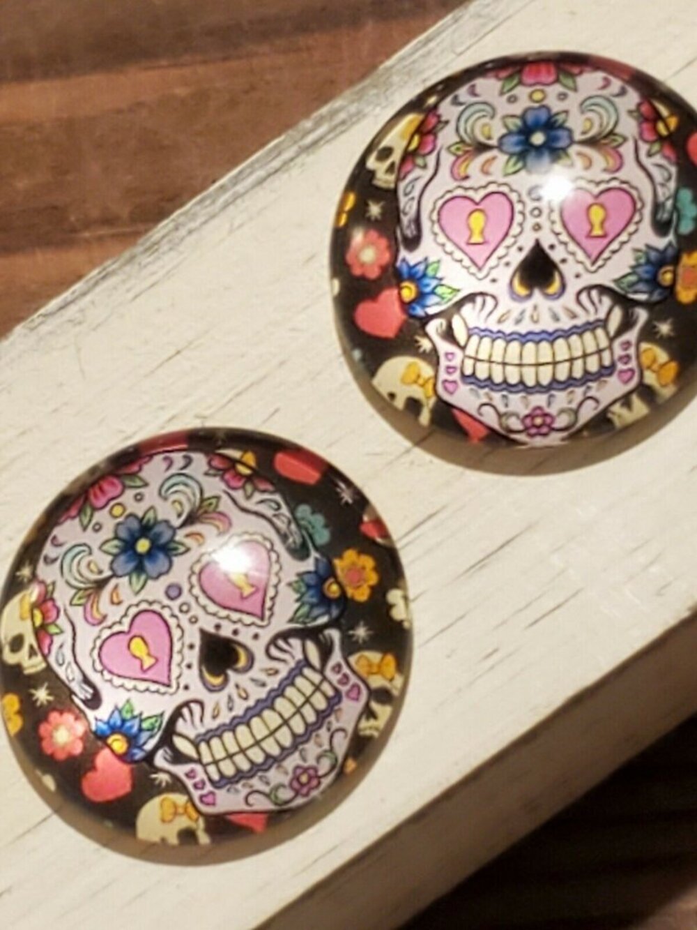 Lot Day of the Dead Sugar Skull Style #3 Glass Round Cabochon 25mm 2 pcs